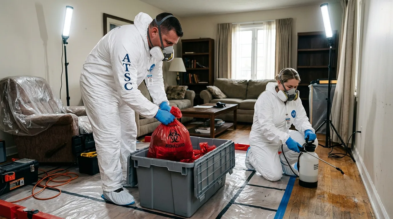 Professional Hazmat Cleanup technician in full PPE working in Bethalto